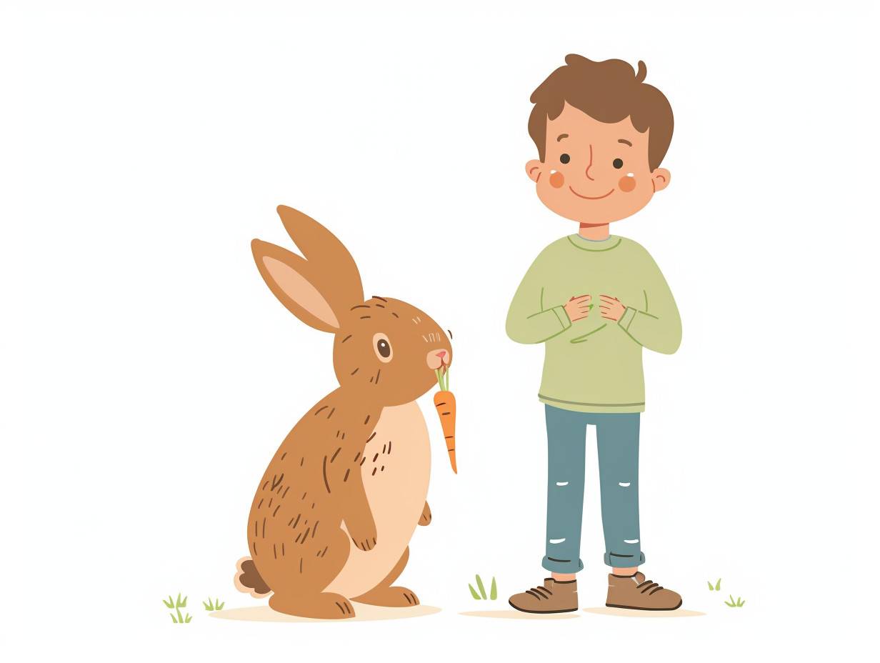 A cute boy stands next to a rabbit eating a carrot, in a Milton Avery style from the 1960s, with flat shapes, against a plain white background.