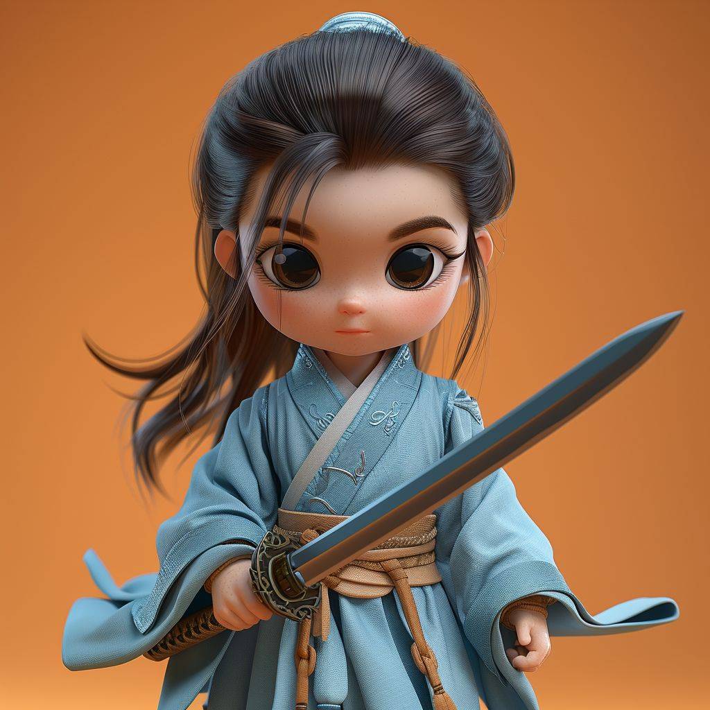 A charming cartoon character depicted as a swordsman, dressed in traditional Chinese attire, is performing a sword-drawing action while looking down. This character features beautiful eyes and a smiling expression, set against a solid color background. The illustration should capture the full body of the character from a three-quarter side view, rendered in a 3D style reminiscent of works created in Unreal Engine 5, Cinema 4D, or Blender. The focus is on showcasing intricate details of the ancient Chinese costume and the dynamic pose of the swordsman, blending traditional elements with a modern 3D artistic approach. --stylize 750