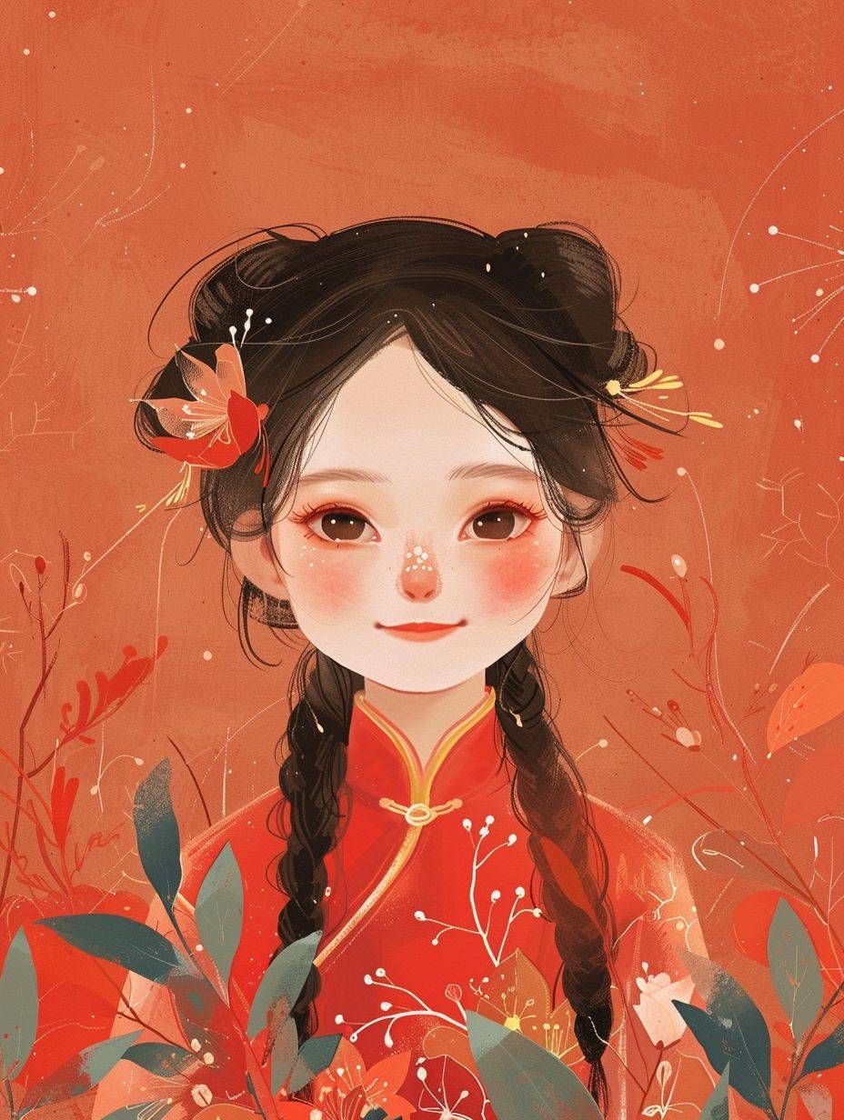 Add hand-painted texture, Chinese minimalism, The upper body of a cartoon girl, Chinese 21st century smiling girl illustration, flat illustration, Chinese figure illustration.