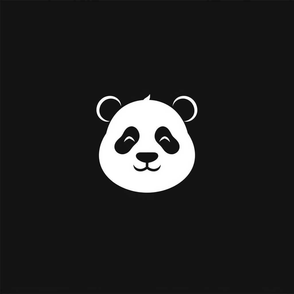 ホワイトのパンダのロゴで、ブラックの背景に、最小限で創造的で清潔なデザイン、2Dフラット