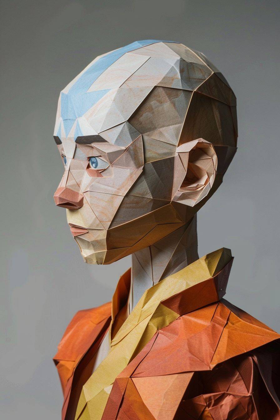 Paper sculpture of Aang from Avatar: The Last Airbender, photorealistic