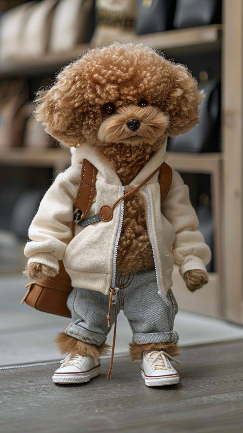 Imagine a charming world where adorable animals take on a stylish human persona. Meet 'Paws in Pants', a lovable poodle with a fluffy coat the color of warm caramel, donning a cozy cream hoodie and snug denim jeans. This chic pup stands on its hind legs, sporting sleek sneakers that match the outfit perfectly. The ensemble is completed with a miniature leather backpack, resting on one shoulder. 'Paws in Pants' gazes at you with big, soulful eyes, full of curiosity and kindness, capturing hearts with its innocent charm. This cutely clad canine strolls through a pet-sized boutique, where fashion and furry friends blend seamlessly, creating a scene that's simply irresistible.