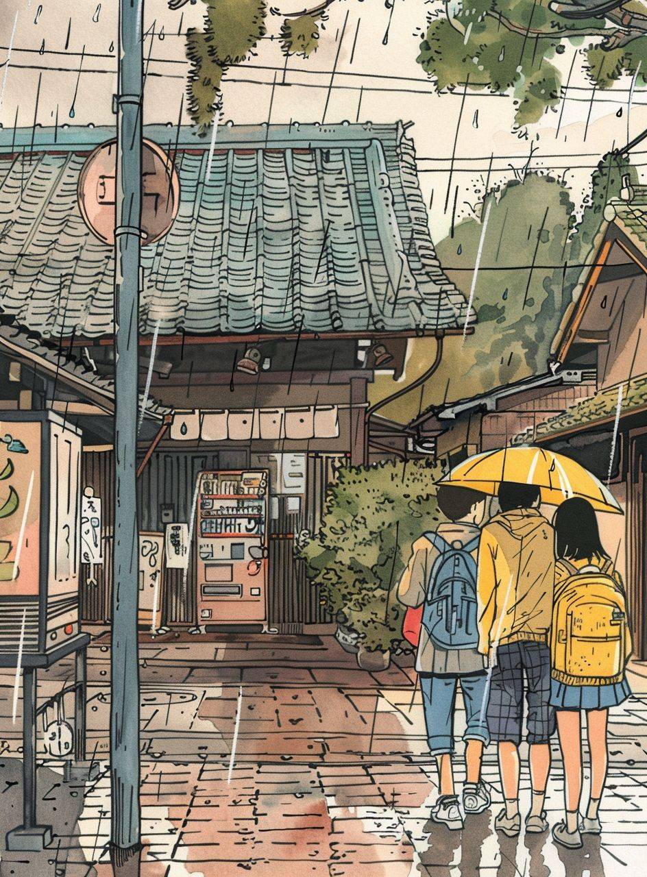 日本のカラーコミック、雨の日の高校生
