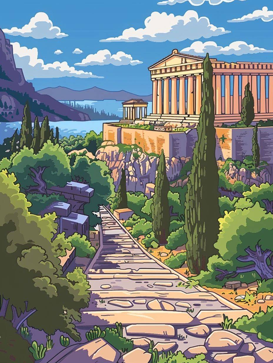Illustration, Ancient Greece landscapes, coloring book cover, pencil colors, cartoon style, thick lines, vivid color