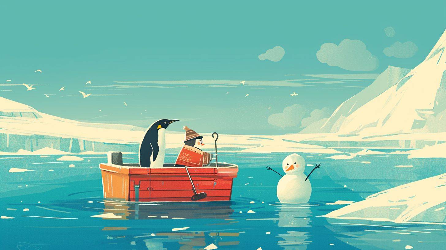 南極の海の中央に、赤と白のストライプのシャツを着たかわいいペンギンと雪だるまが、小さな木製のボートに乗っています。これはJon Klassen風の子供向け絵本イラストで、フラットで明るいパステルカラーで描かれています--ar 16:9 --niji 6