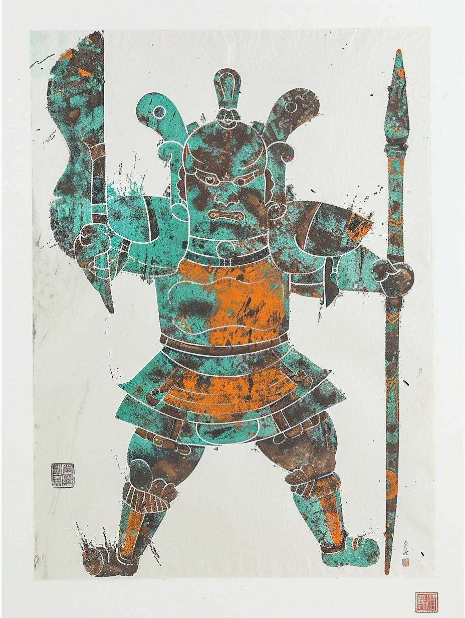 幾何学的形状で構成された古代中国の武士の姿、ターコイズ色の組み合わせ、モノタイプ、インクのポストスタンプ、染料転写、漫画、白い背景--アスペクト比3:4
