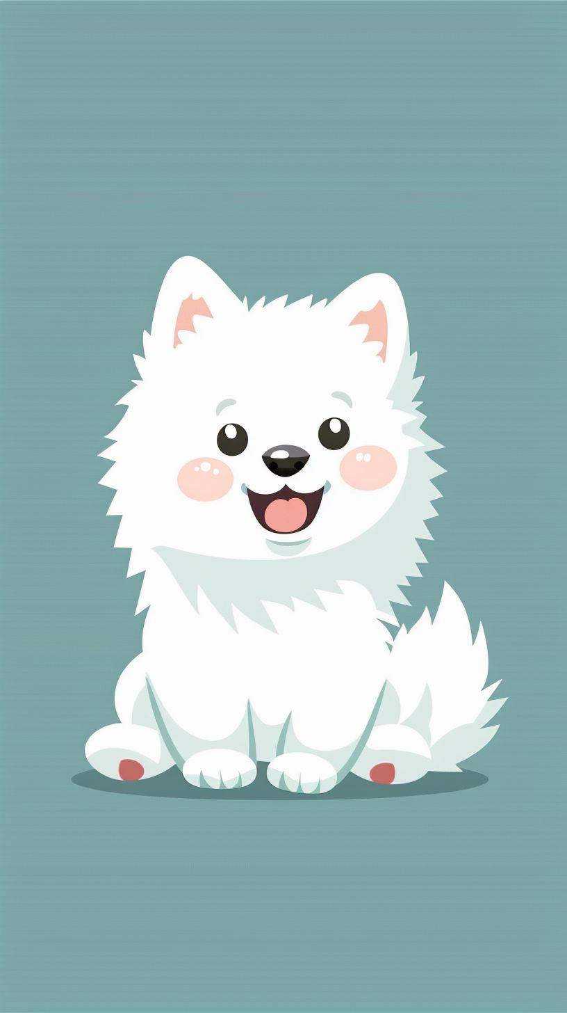 かわいいサモエド犬、シンプルなカートゥーンイラスト、明るいパステルカラー。