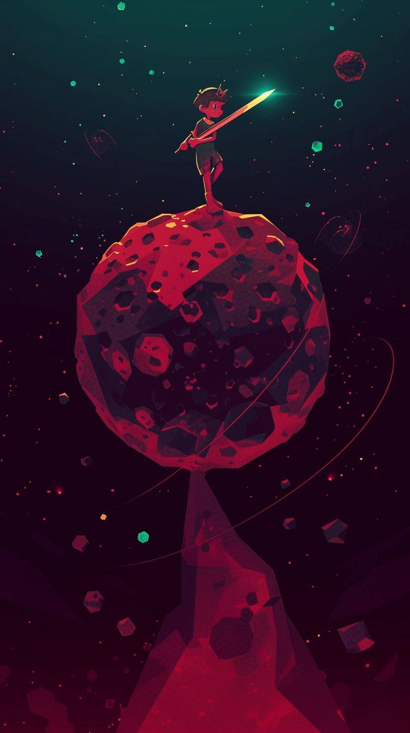 The little prince with a sword stands on top of an asteroid, in the style of traditional animation, neogeo, childhood arcades, schizowave, cranberrycore, light teal and red --ar 16:9 --style raw --niji 6