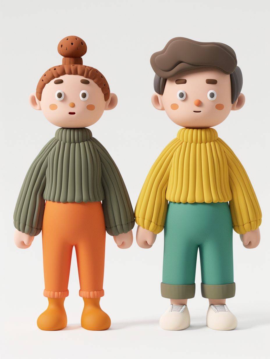 Design a 3D character with a minimalistic style, featuring eyes as simple dots for a playful and abstract look. Clay style, On one half a women and on the other half a men set, with school look, soft blender, The character should have a front-facing upper body with a friendly smile, warm tone, look happy, set white background.