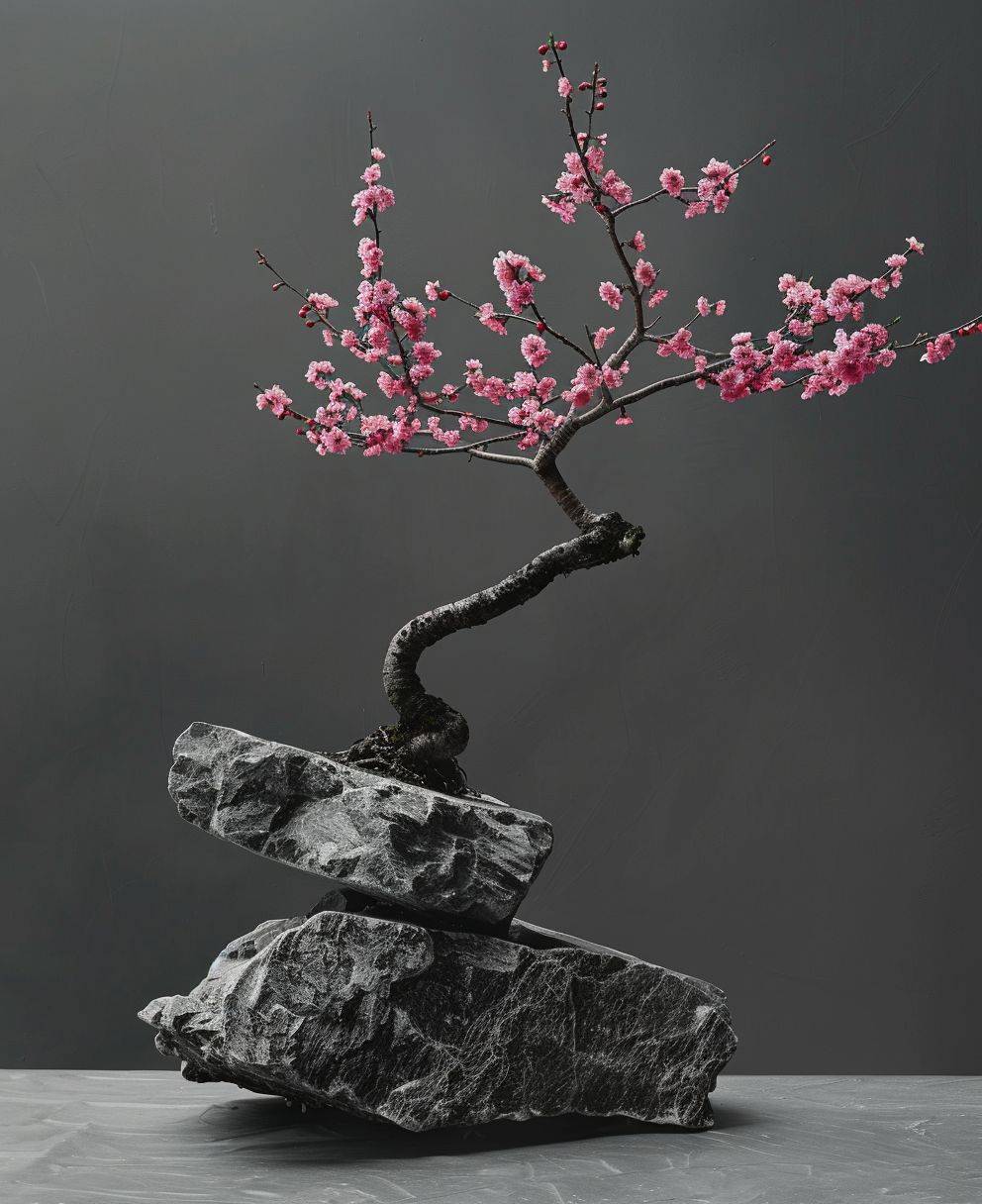 Hyper realistic photography, black and white photography, stones balancing in a symmetrical way, with a pink cherry tree bonsai.