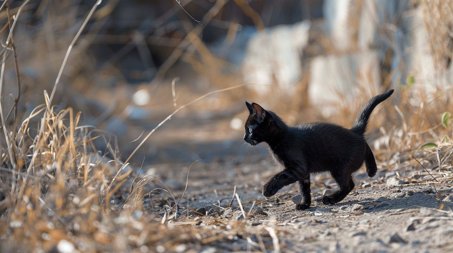 小さな黒い猫がきれいな土手で左に走って行く、側面ビュー、フラットアングル、超現実主義、ニコンD850、ニッコールAF-S 24-70mm f/7.0E ED VR、高精細--スタイルの生--アスペクト比16:9