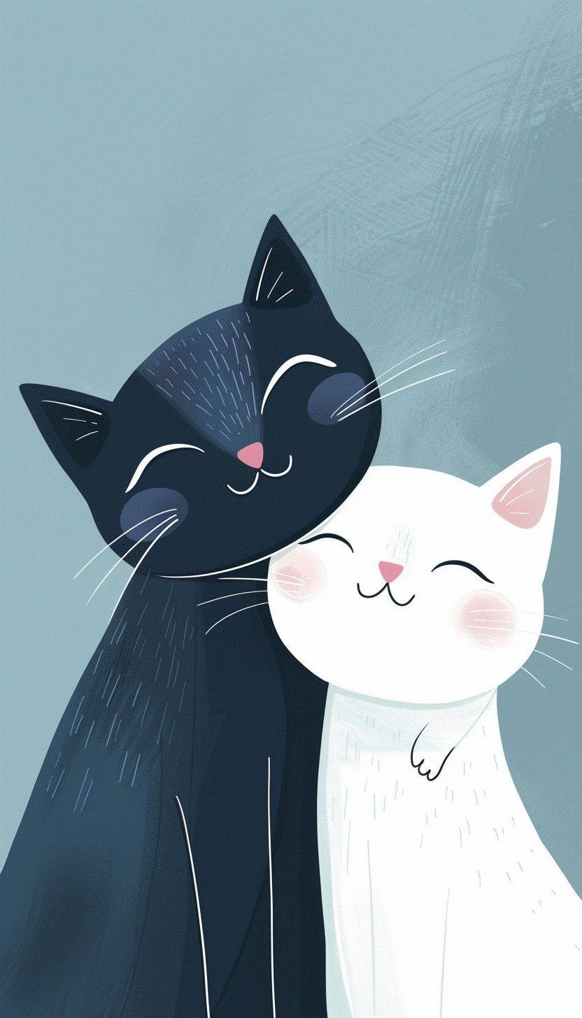 この画像は、愛情に満ちた抱擁をする2匹の猫を描いています。左側には、目を閉じた海軍ブルーの猫がいて、幸福そうな表情と微笑を浮かべ、愛情や安らぎを示しています。耳は尖っており、内耳は淡いピンク色で、鼻とマッチしています。この猫は隣にいる白い猫に顔をすり寄せているように見えます。右側の白い猫も目を閉じており、幸せそうで穏やかな表情をしています。鼻と内耳も青い猫と同様に薄いピンク色で、ひげは簡素なラインで描かれています。白い猫は完全にリラックスしており、青い猫の顔に優しく寄りかかっています。両方の猫は感情を伝えるために必要な特徴以外はほとんどディテールがないミニマリストスタイルで描かれています。背景は対象を引き立てることなく、クールで静かなグレーとブルーのトーンです。猫たちの抱擁は、暖かさと仲間意識を描いた人間らしいものであり、2匹の間の深い絆を暗示しています。そのデザインのシンプルさ、ブロックのような色使い、入り組んだディテールの欠如により、この画像は現代的でスタイリッシュな外観を持っています。