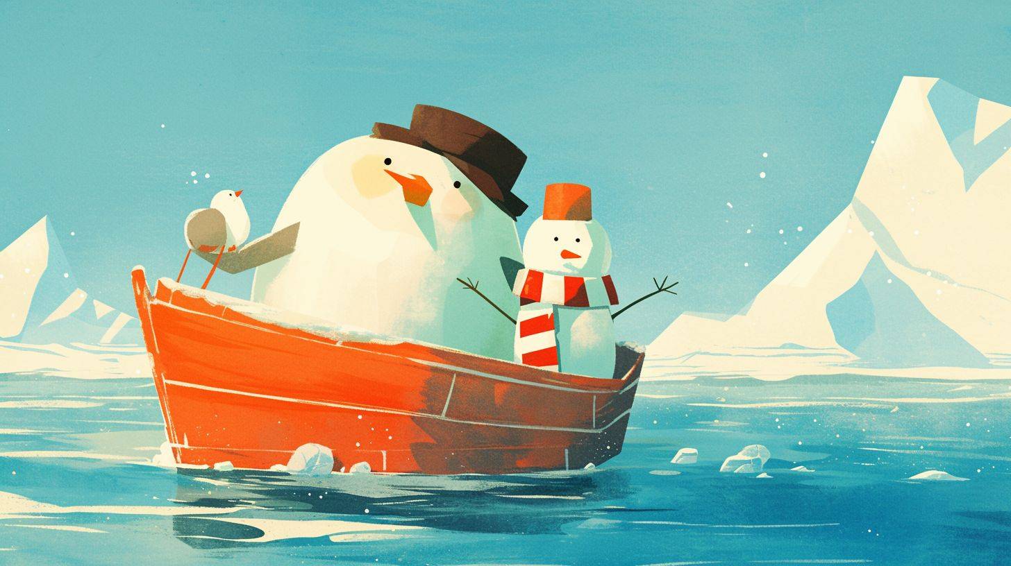 a cute penguin and a snowman dressed in a red and white striped shirt and a brown hat on a small wooden boat in the middle of Antarctic ocean, in the style of Jon Klassen, children's book illustration with flat and bright pastel colors --ar 16:9 --niji 6