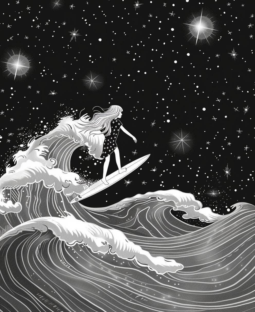 サーフボードに乗る女の子を描いたイラスト。超現実的な波、背景には輝く星があり、漫画風。太い線、細部は少なく、シェーディングやカラーはなし
