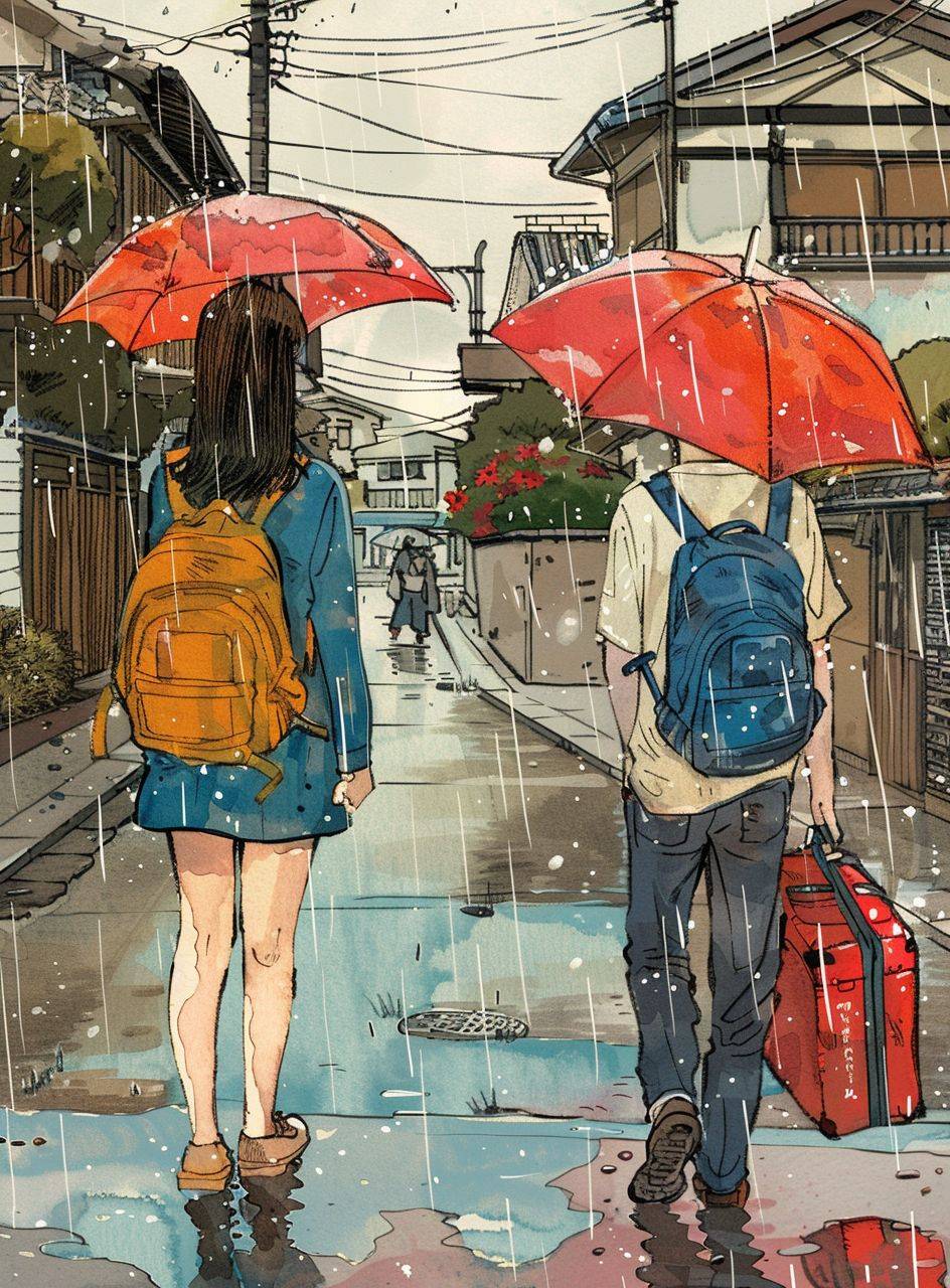 日本のカラーコミック、雨の日の高校生