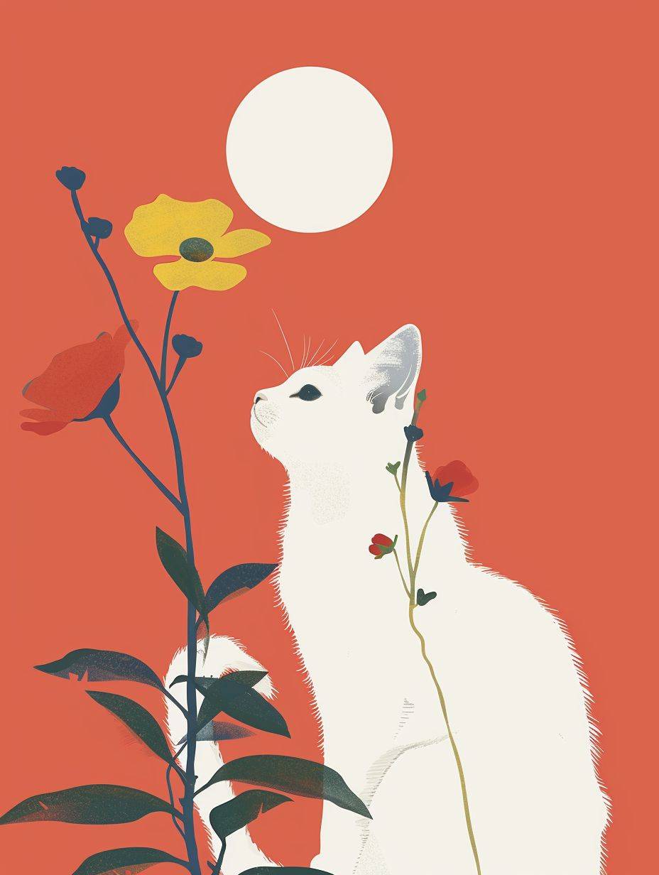 北野武風のスタイルで、ユーモラスかつミニマリストなオブジェクトとして白い猫と花を描き、シンプルでストレートなスタイルに現代的でユーモラスな要素を加える。