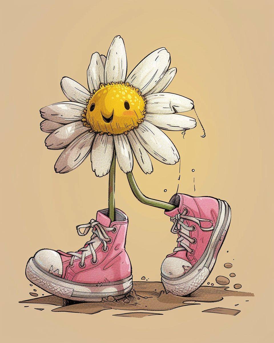 A flower walking in pink sneakers, in the style of cartooncore, babycore, smilecore, cartoonish features, goosepunk, light brown and white, pictorial-style raw