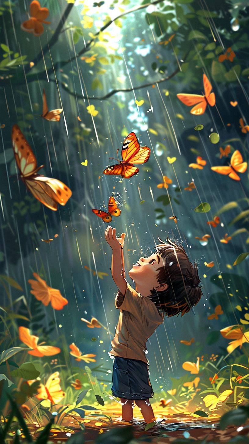 A cartoon of a little boy catching bugs, ladybugs, butterflies, playing, being happy, in the rain, with leaves, chibi style, in a bright spring atmosphere, super wide angle, full body