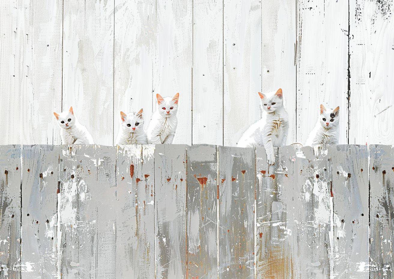 木製のフェンスに描かれた猫の絵を描いた子供の絵のシンプルなカートゥーン画像、白いペンキ、木の質感、ネガティブスペース、データモッシンググリッチ効果