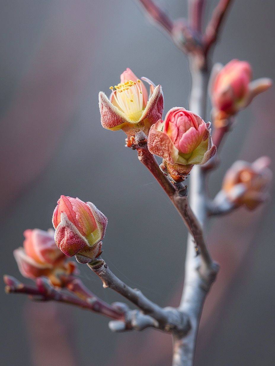 As spring arrives during the Rain Water solar term, the buds on tree branches slowly unfurl into beautiful blossoms, captured in high definition with a Canon camera to accentuate their delicate details.