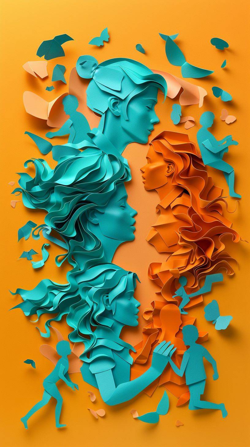 Colorful paper craft illustration of kids and teenagers both male and female playing. Color scheme is orange and teal.