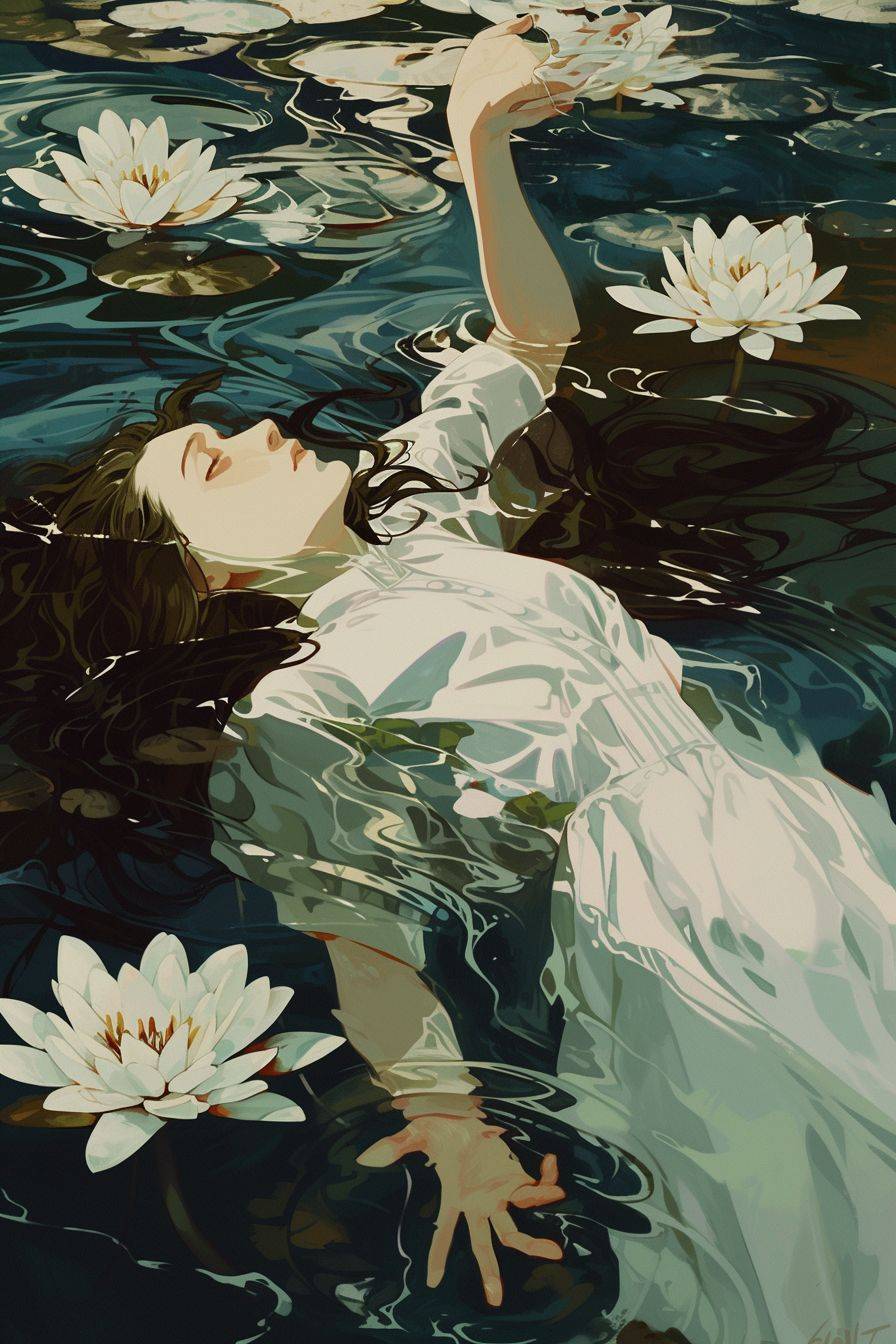 Ophelia sinking in the water among water lilies, in the style of ethereal illustrations, flowing surrealism, calm waters, fluid and flowing lines, futuristic organic, art nouveau curves, sky-blue and green, naturalistic ocean waves