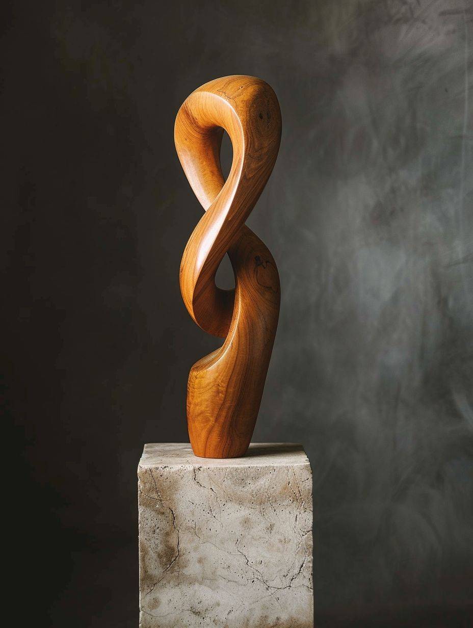 A smooth, tall, slim, elegant, single Taurus knot sculpture made of olive-wood on a stone plinth, professional studio photography.