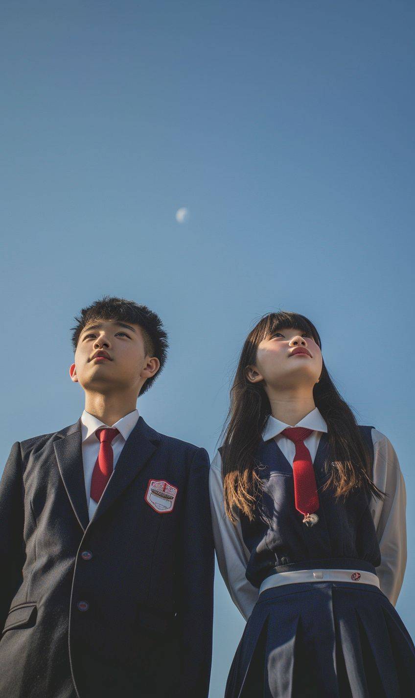 中国の高校生2人、男子と女子、制服を着て、晴れた空の下で空を見上げる、広角写真、広告ポートレート写真、高品質