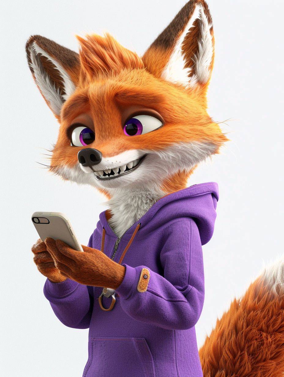 3D render of a young fox in Pixar style, smiling and wearing a purple sweatshirt, holding a smartphone, simple texture and forms, side shot, white background, Pixar style movie --ar 3:4 --stylize 150