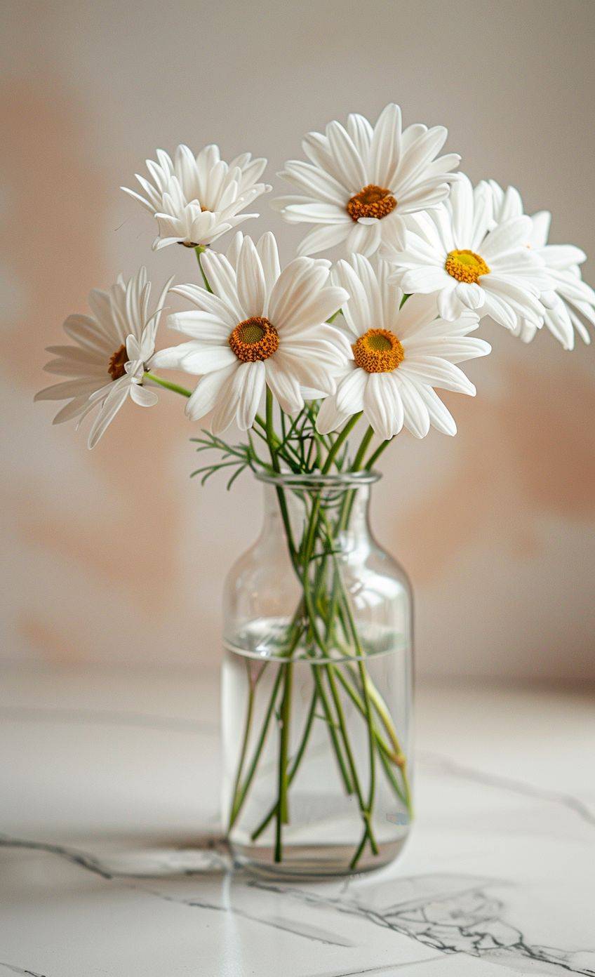 A photo of white daisies in a glass vase, in a minimalistic style, with a clean background, taken in the style of Canon EOS, using natural light and vibrant colors, with sharp focus on the subject, with professional color grading.