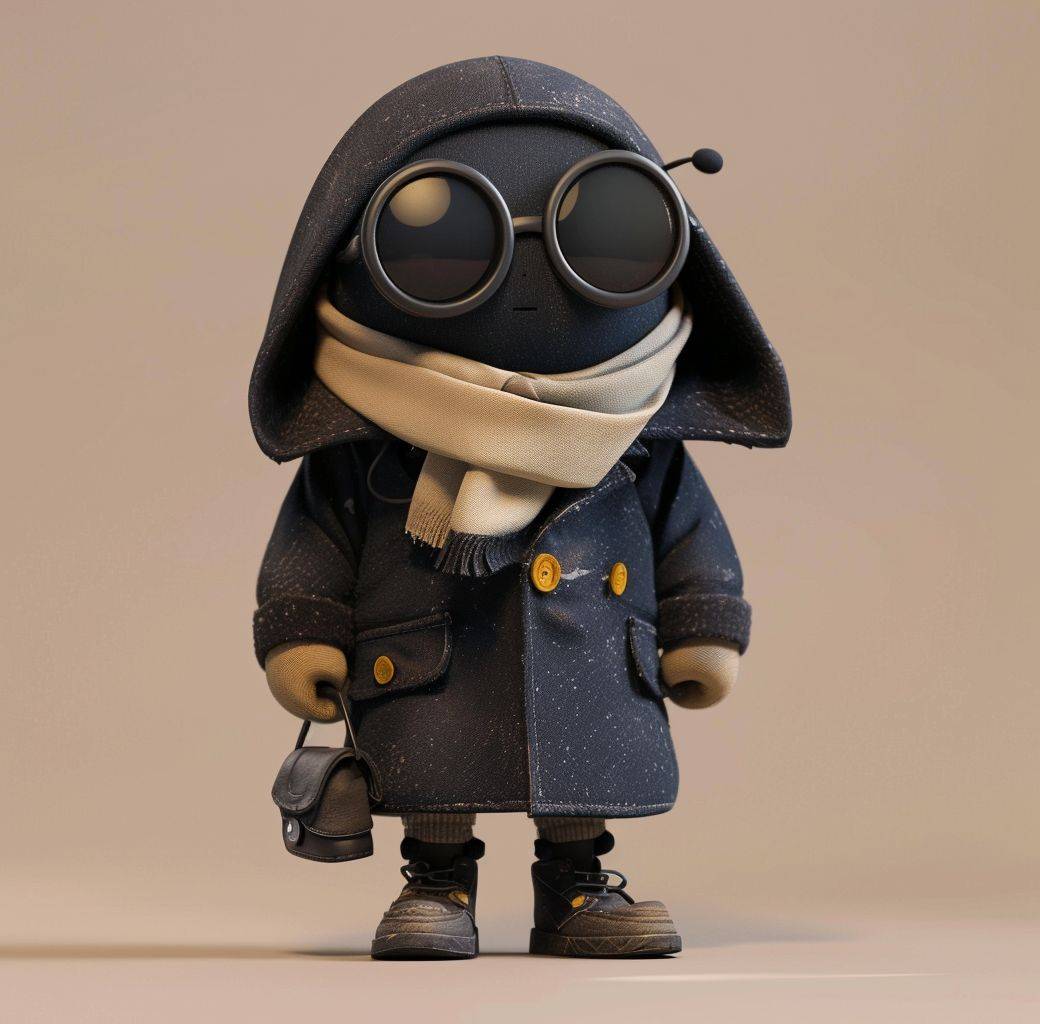 A small, figure standing with accessories, in the style of cartoonish style, dark blue and beige, hyper-realistic, cartoon-like characters, ray tracing, rich and tonal, cartoon-inspired pop