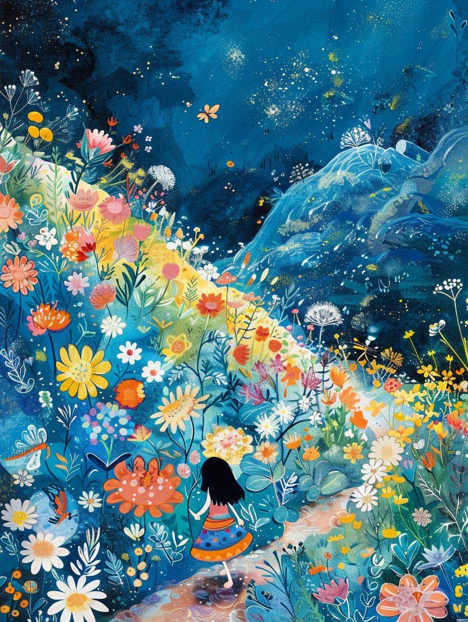 Download photo park of the flowers APK, in the style of Mary Blair, dark sky-blue and light yellow, Stephanie Pui-Mun Law, whimsical, childlike figures, Naomi Okubo, joyful celebration of nature, outdoor scenes -- aspect ratio 3:4