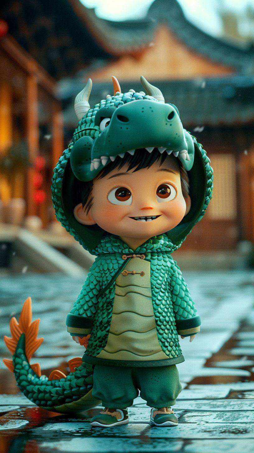 緑の龍の衣装を着た中国の少年、カートゥーンスタイル、かわいい夢、キャラクターカートゥーン、デジタルアート、柔らかいライトマカロンのカラースキーム、古代中国の建築の背景、3Dモデリング、Pixarアニメ