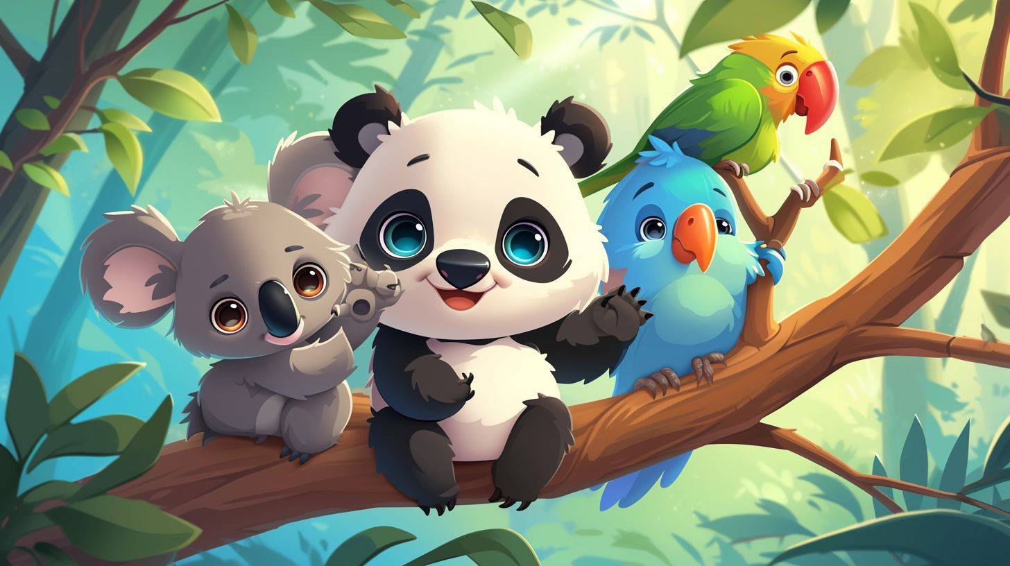 A group of cute animals [a panda bear, koala and parrot], stand together in the forest. The illustration is in the style of a children's style, cartoon style, with a full body portrait and closeup. It has a simple background with high-definition details and bright, warm colors. The eyes are friendly and the expressions are lively.