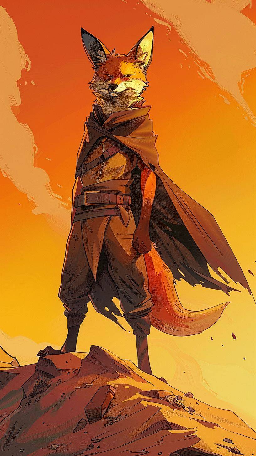 Cartoon illustration of an anthropomorphic fox character in the style of Moebius, standing heroically on a sand dune under a glowing orange sky, inspired by Dune's sci-fi aesthetic, dynamic pose, with a mysterious aura.