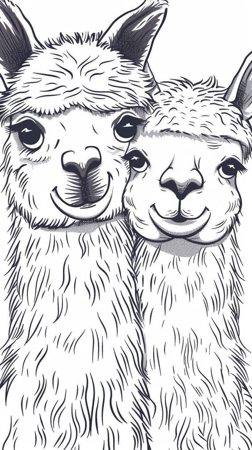 Portrait, happy young beautiful alpacas couple, close up, bold line simple vector illustration by Jean Jullien