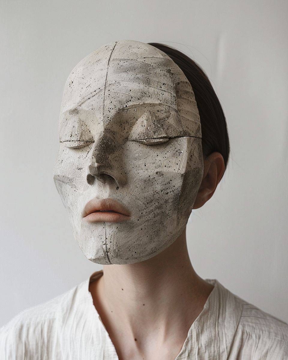 Portrait photograph of a person with a concrete and wooden mask, minimalist composition, muted colours, solid white studio background --ar 4:5 --stylize 250