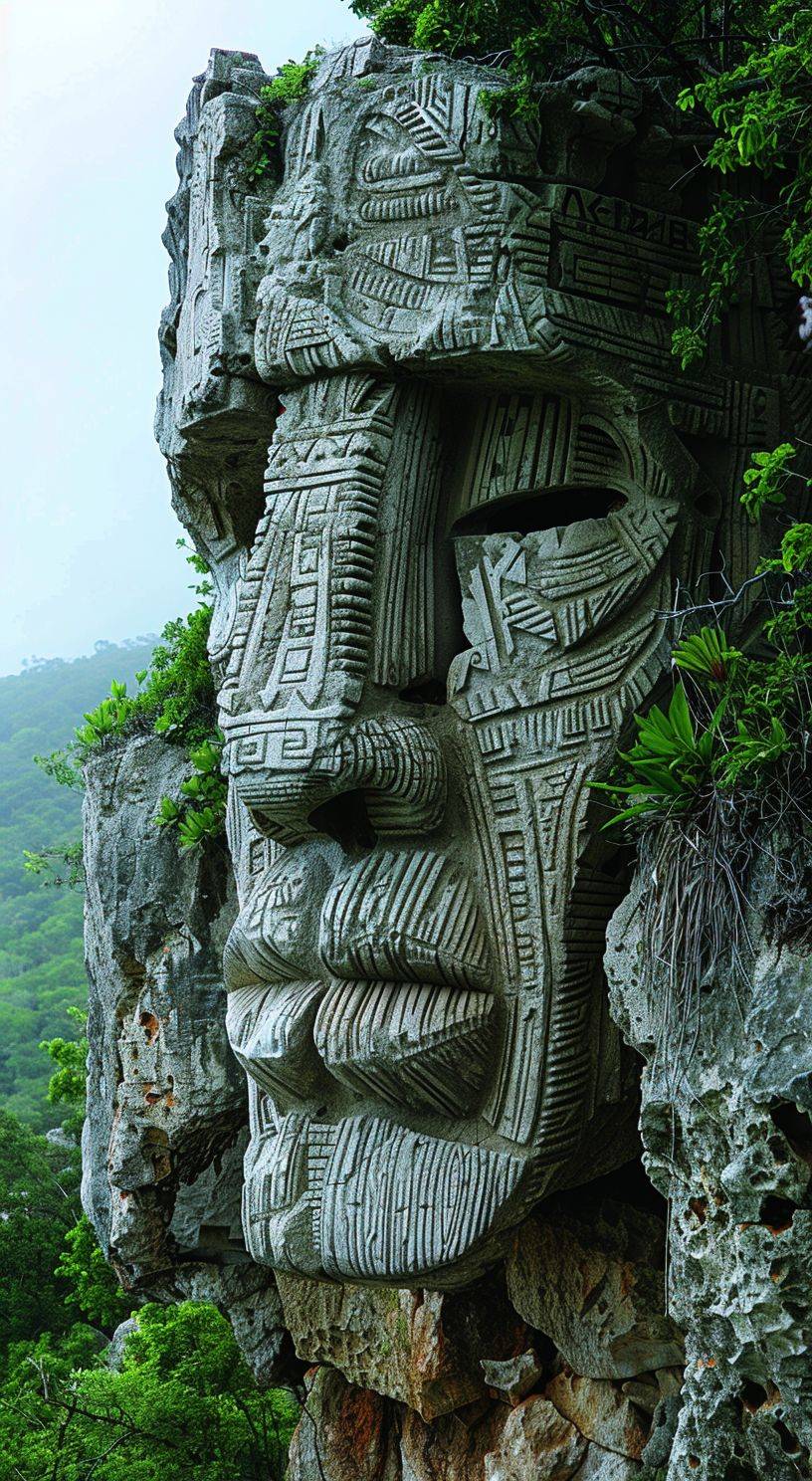 Greek style sculpture, East African King's Head on the side of the mountain, close up, lush safari scenery around.