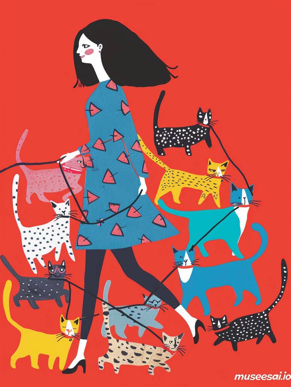 Whimsical hand drawn, colorful illustration of stylish woman walking multiple cats of various breeds and colors on leashes in front of her, theme 'musesai.io', fun and vibrant print for poster