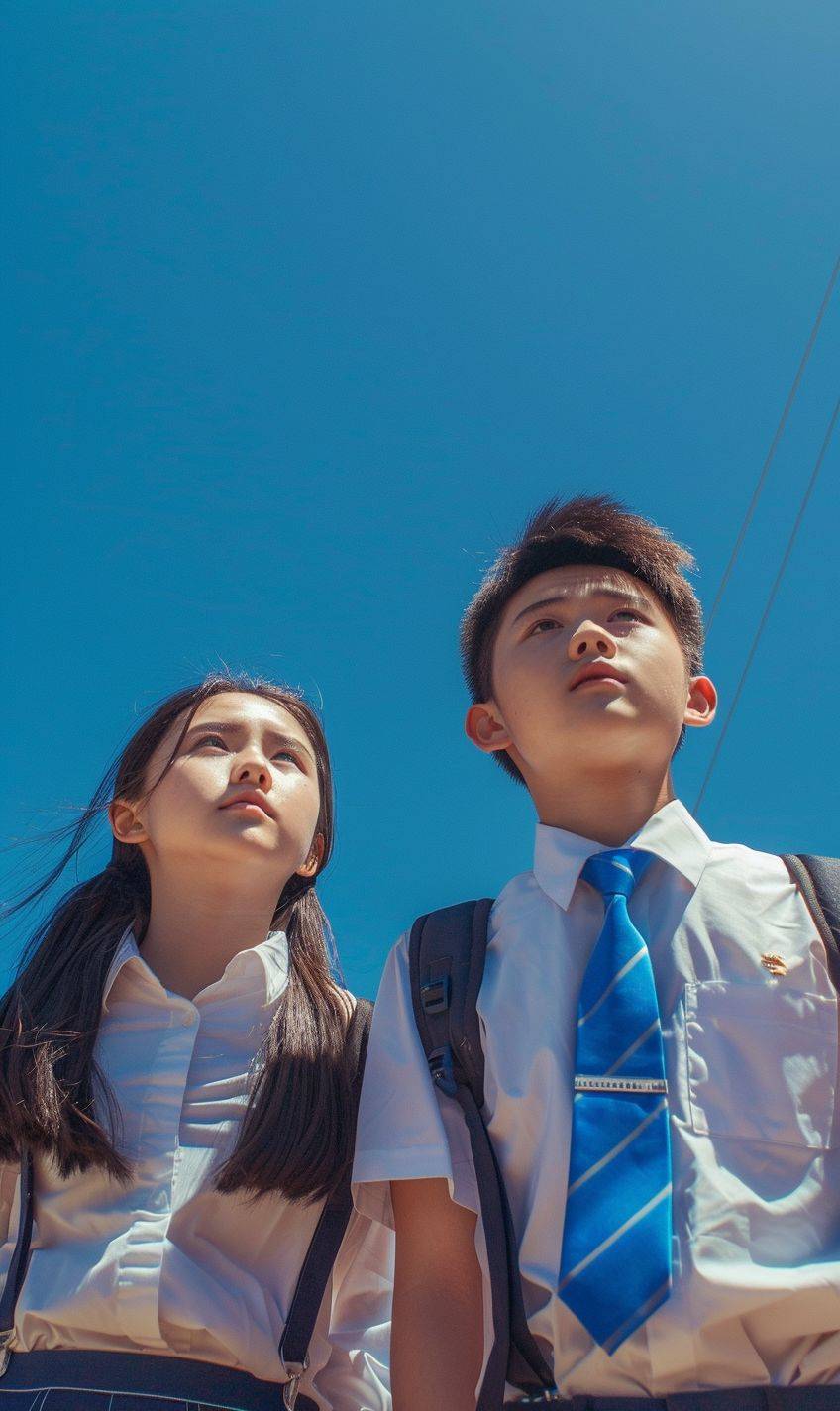 Two Chinese high school students, a boy and a girl, wearing high school uniforms, looking up at the sky under the clear sky, wide-angle photo, advertising portrait photography photo, high quality