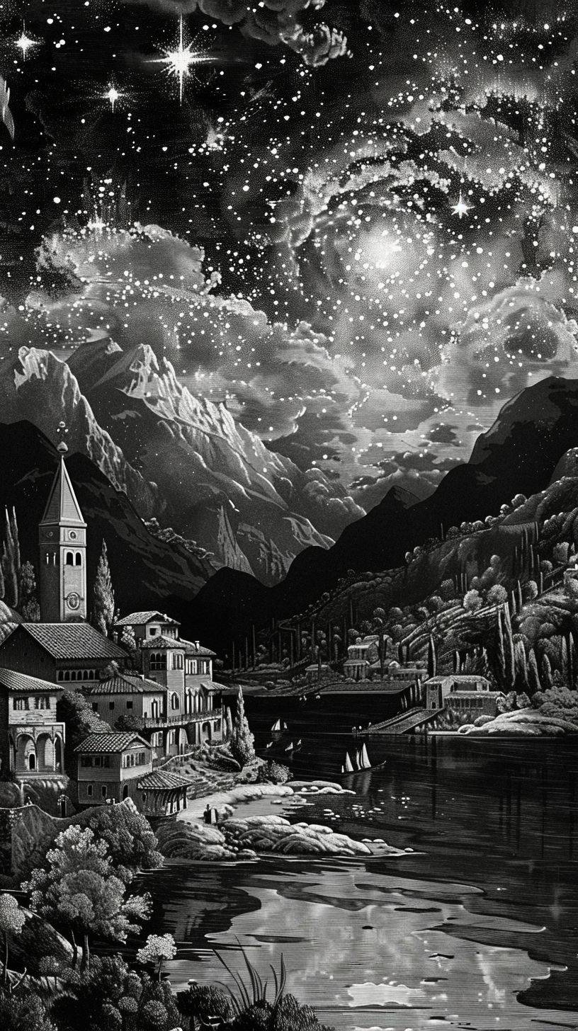 19世紀の白いインクで描かれた黒い背景のインク画、イタリアの湖畔の村、星空の夜、春、晴れた空、群青の背景、詳細に描かれた、J·R·トールキンによる描かれたもの