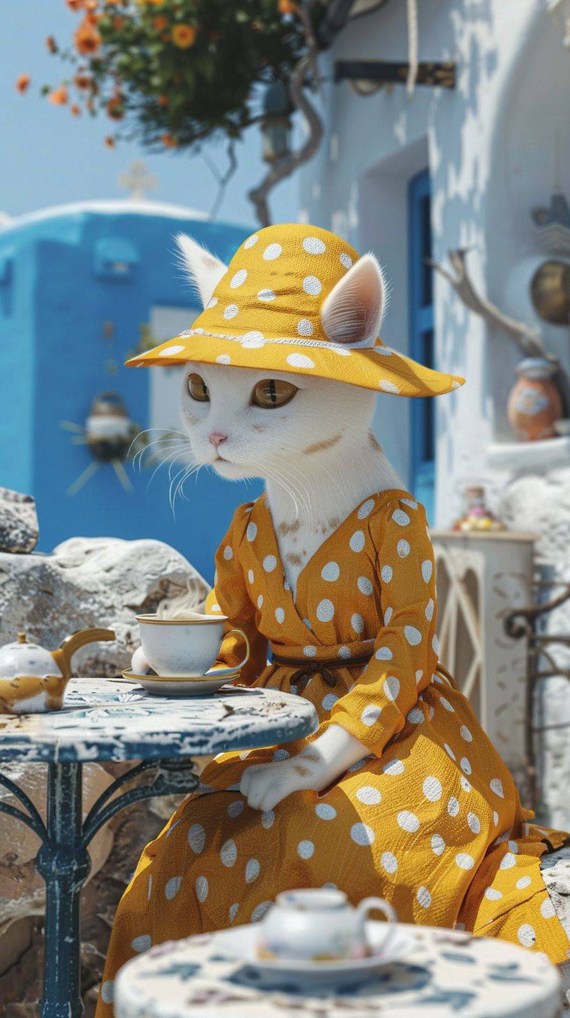 サントリーニの屋外カフェで、活気溢れる黄色の可愛らしいサンドレスを身に着け、遊び心のある水玉模様のカップを持っている擬人化された可愛い小さな猫のイメージを作成してください。このシーンでは、猫の喜びの表情を捉え、サントリーニの象徴的な青と白の背景に対してその幸福を際立たせながら、猫が楽しい瞬間を楽しんでいる様子を強調してください。シーンをリアルなスタイルで描写し、猫の楽しい個性を魅せる微妙なアニメーション効果を加え、細部にこだわったビジュアル体験を提供し、シーンを生き生きとさせてください。