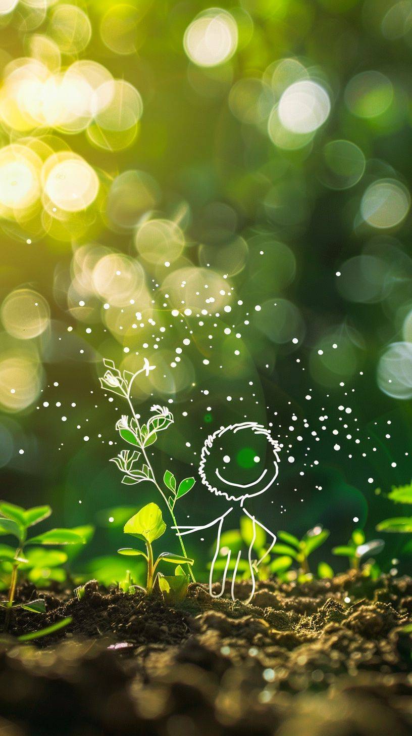 A white line art stick figure with a smile on his face, is planting small plant seeds (line art) in the ground. The background is a bokeh effect flower garden with burning green and white light dots, with sunlight penetrating through the leaves, detailed, hyper realistic, uhd. Make sure the visual impression is creative and attractive.