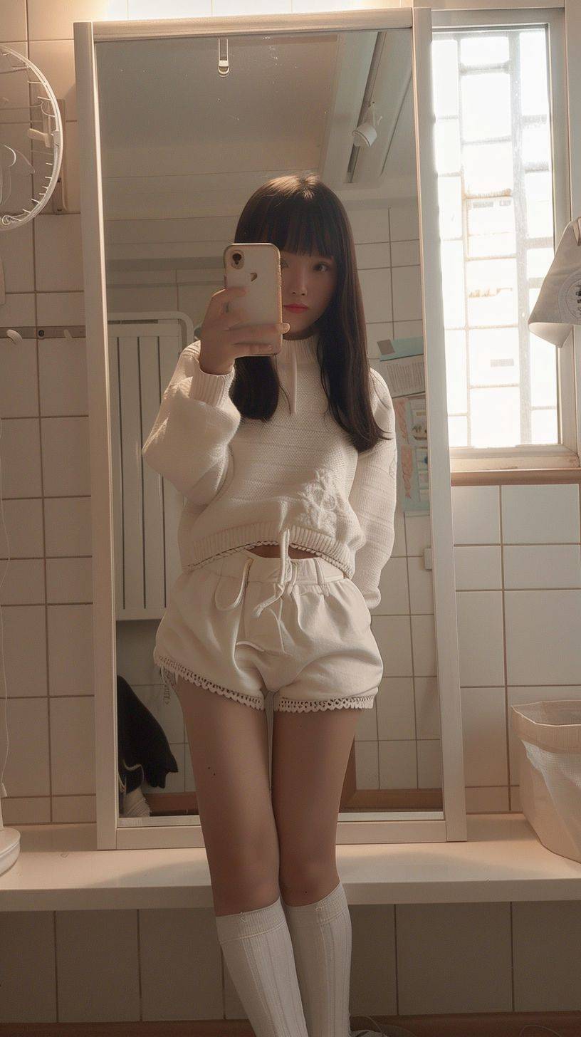 A Chinese high school student, wearing white high pile socks and white shorts, innocently taking selfies in front of the mirror.