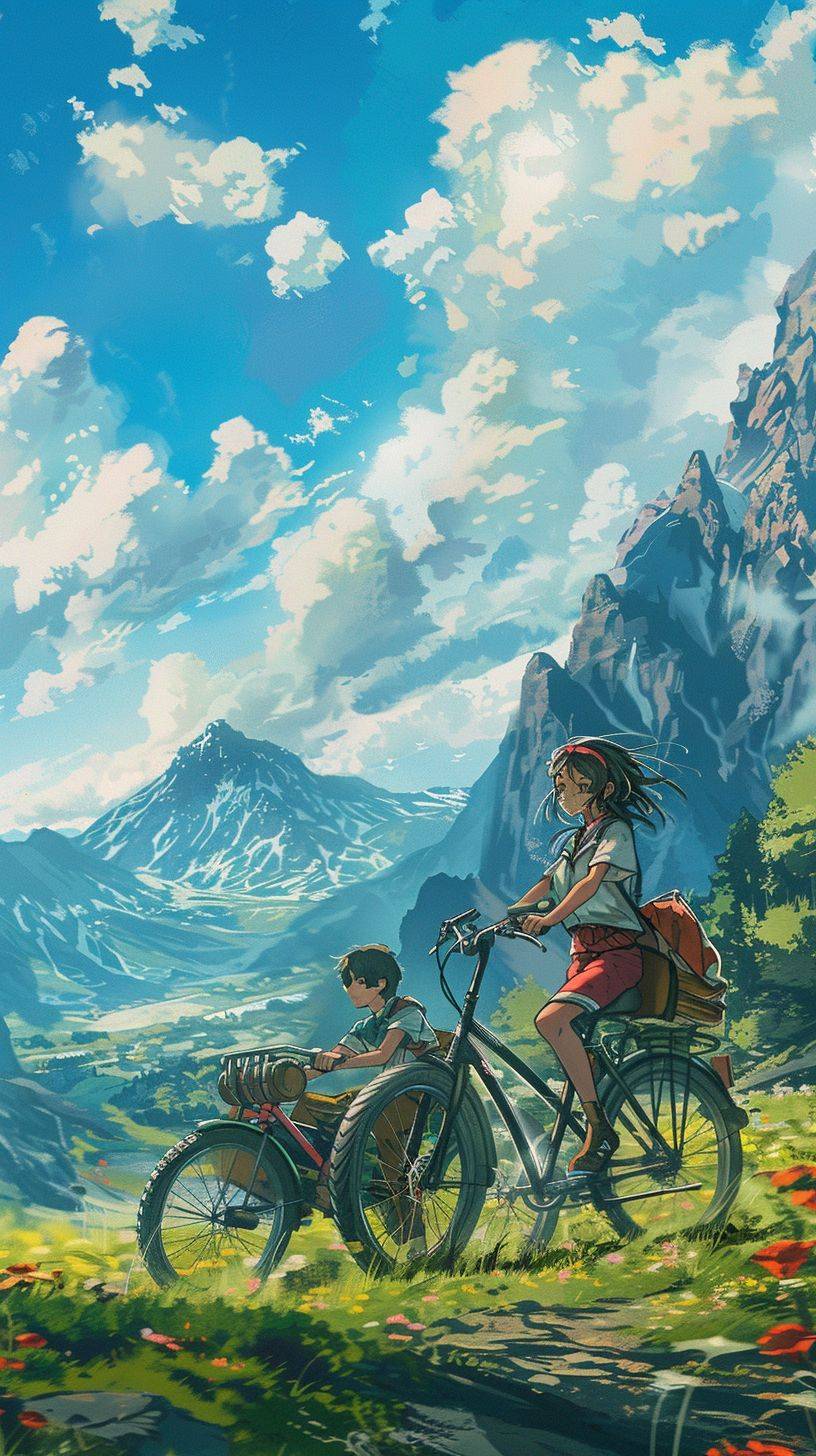 A girl is riding an e-bike with her boyfriend seated in a bike-trailer being pulled by her, exploring the environment at incredible speeds, engaging in extreme cycling. 8k, anime --ar 9:16