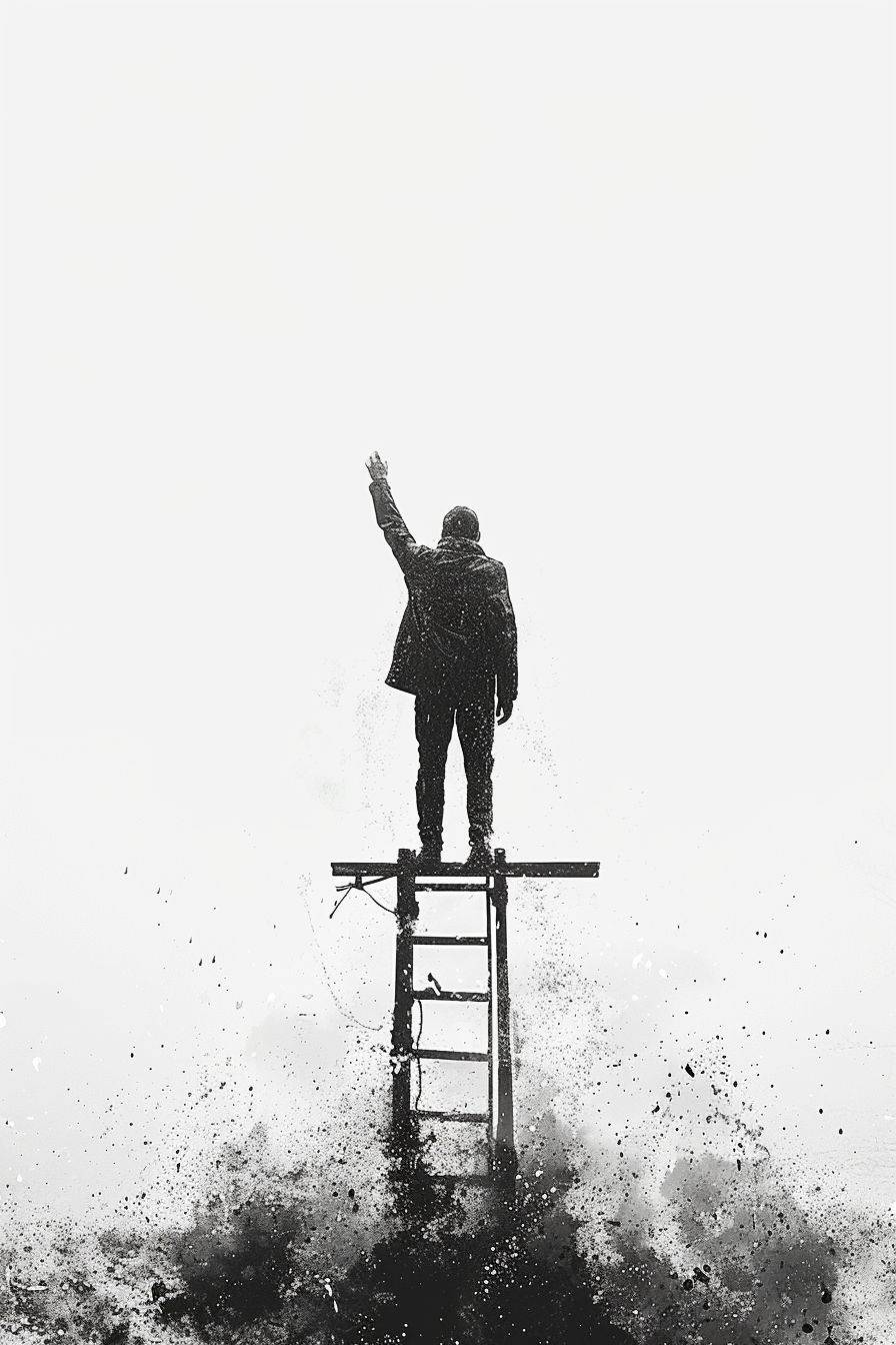 A minimalist image of somebody at the top of a ladder with one arm in the air, image shot from behind, zoomed out so you can see the whole ladder, white imagery