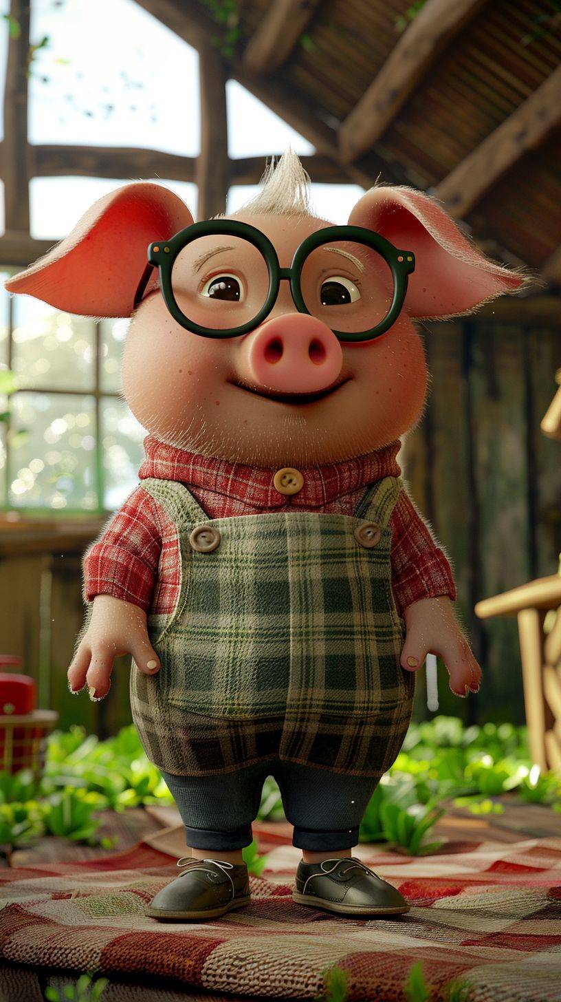 Pixarの3Dスタイル、擬人化されたかわいい小さなブタ、かわいい服を着て、農場の中に立っている