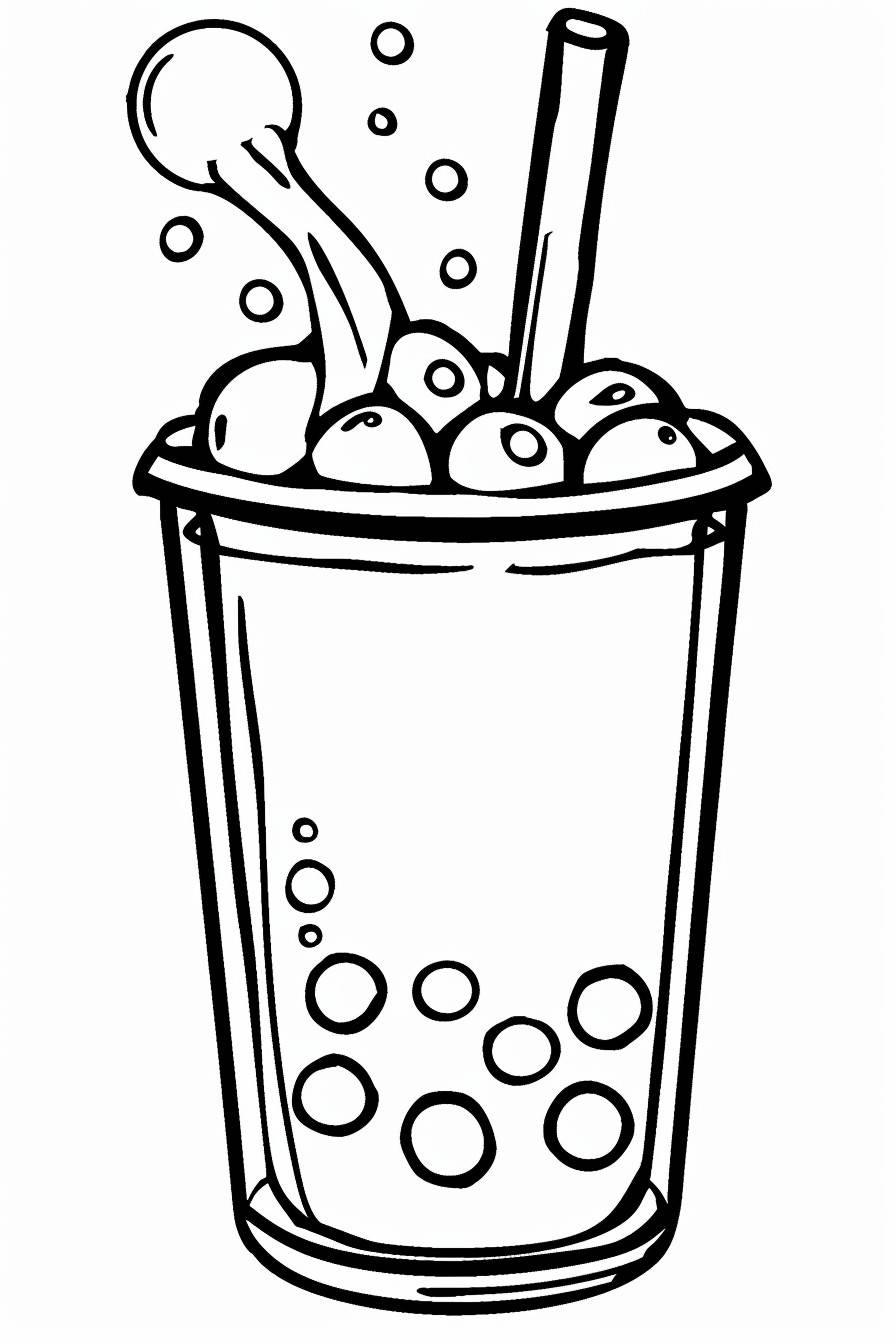 Boba tea, coloring book for kids, simple designs, no detail, outline only, do not fill anything with color, no background, fill frame, edge to edge, clipart with white background, only black and white --style raw --ar 2:3