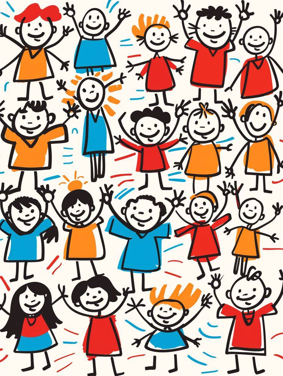 Pictures showing innocent and cute elementary school students, colorful, stick figure, Flat illustration, created by Keith Haring, utilizing simplified Chinese style and Chinese tradition, reflecting the vitality of the New Year and personification, with bold lines and a graphic design style, this is a vector illustration in a flat style.