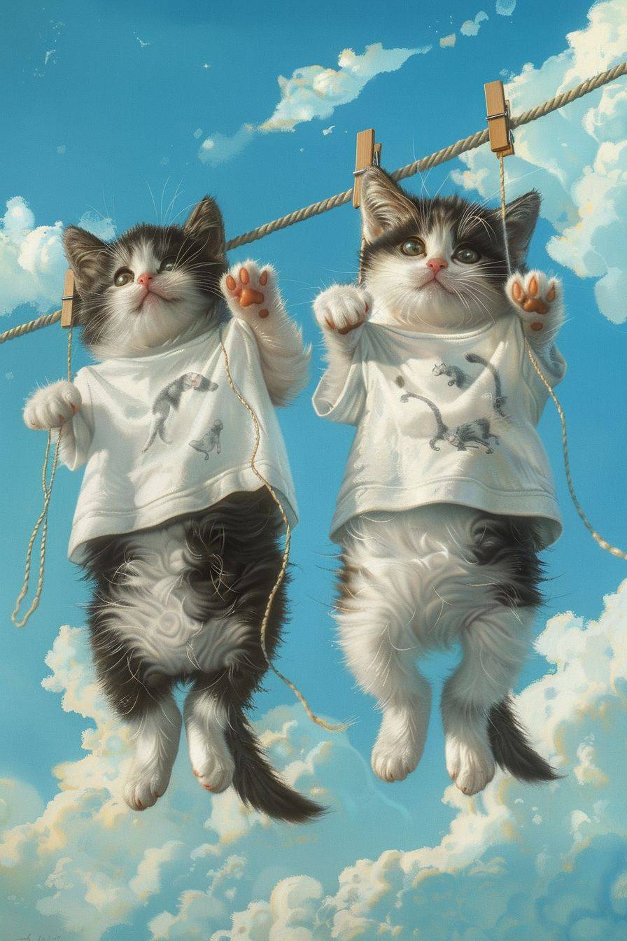 つるしている二匹のずんぐりしたタキシード猫。ちび。白いTシャツを着ており、両手で引き上げている可愛いルックス。空に青い背景とハンガーライン。高い視点から撮影され、高品質でリアルな写真で猫の全身を見せています。